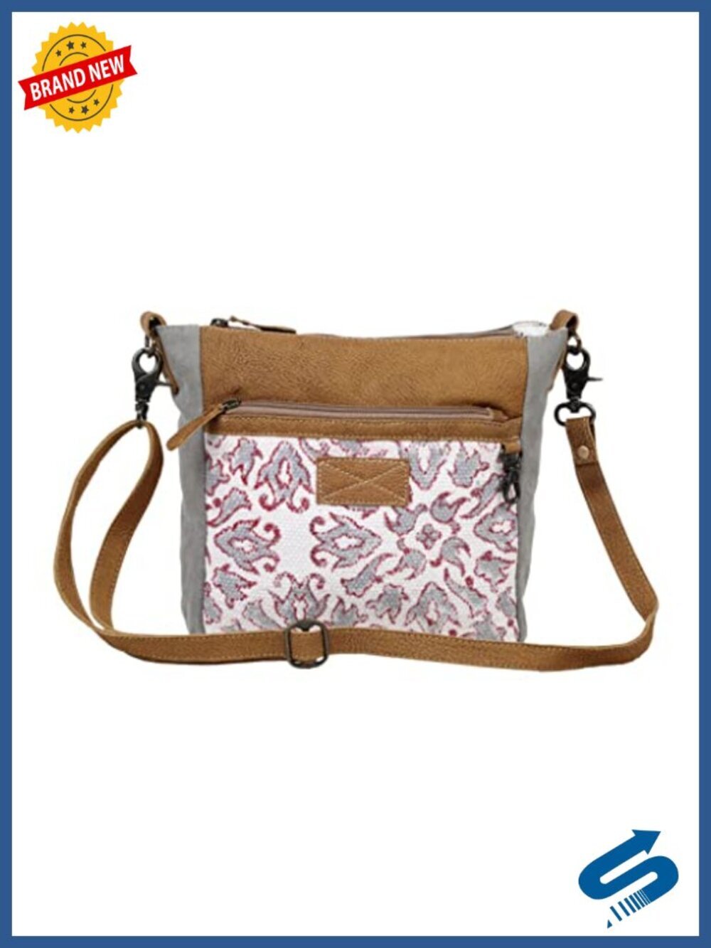 Small Crossbody Bag with Canvas and Leather, Zipper Closure